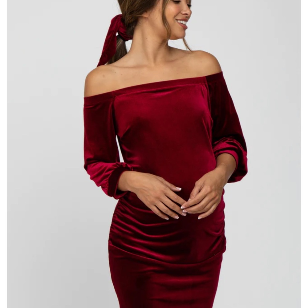 Burgundy Velvet Off Shoulder Fitted Maternity Dress PinkBlush